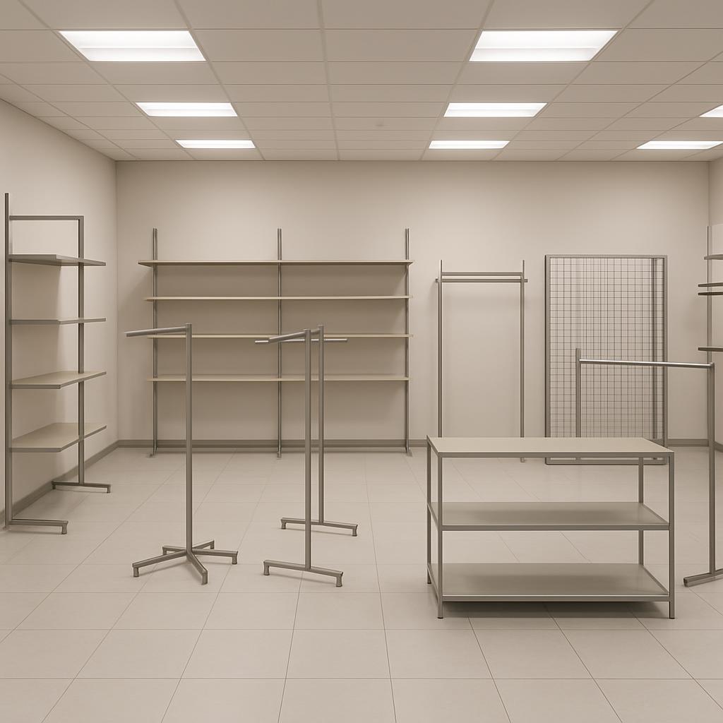 White empty store in an empty room with white tiled floors, book shelves, clothing racks and a table in separate areas.