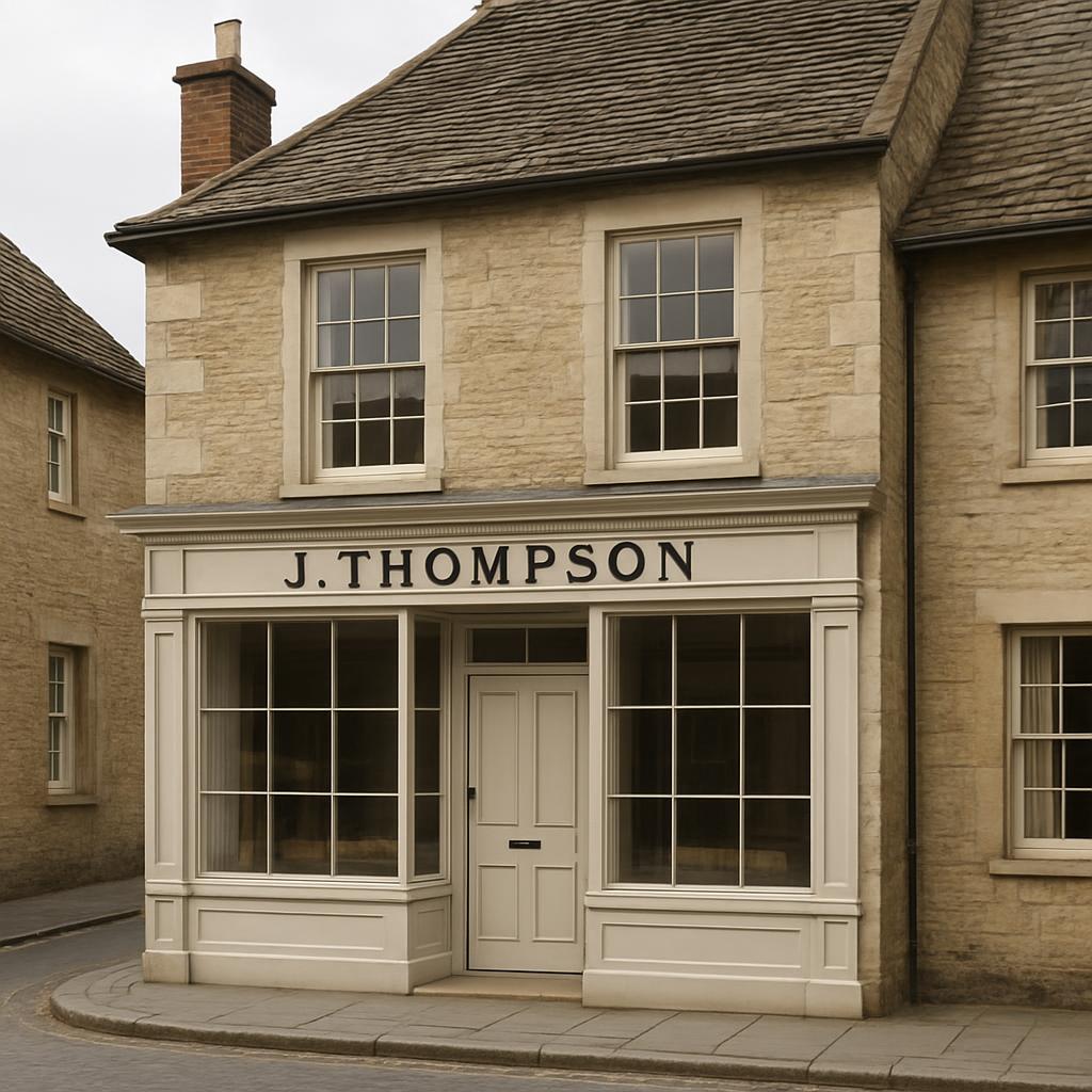 A bleached stone building with a beige storefront and the name "J. Thompson" in black letters, set against a gray floor an...