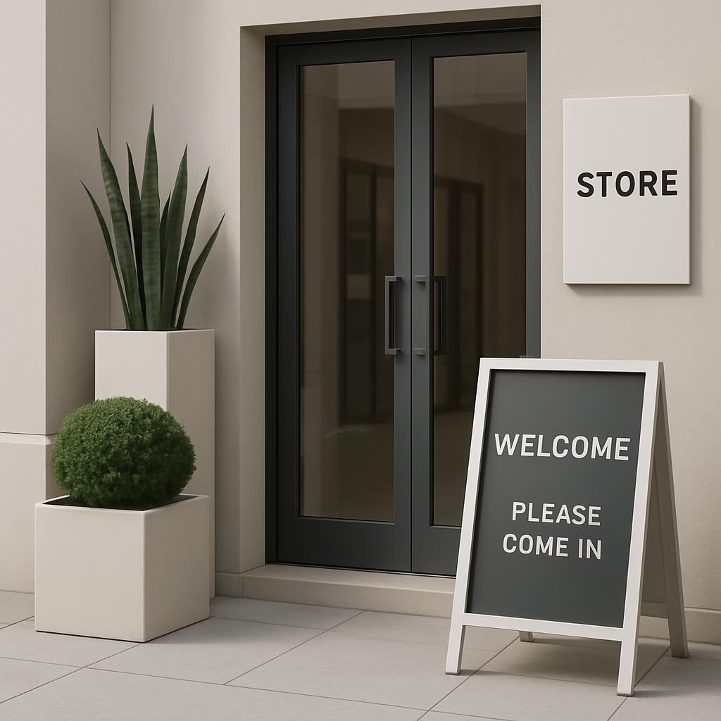 Welcome Please Come In Sign Stand Beside Store Entrance, Gray colored, with updated signboard design featuring "Store" wri...